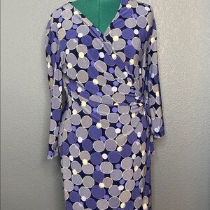 Anne Klein Blue Wrap Dress XL Geometric Print Ruched Stretch Jersey